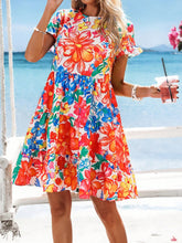 Vivid Eden Woven Print Round Neck Short Sleeve Loose Ruffled Hem Women's Mini Dress